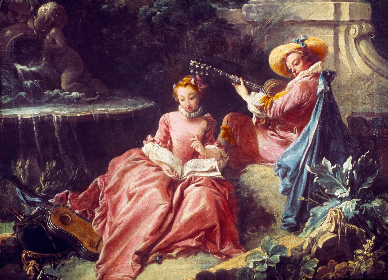 弗朗索瓦·布歇（Francois Boucher，1703-1770 年）的音乐课绘画。 18世纪。 巴黎。 干邑杰伊博物馆 作者 弗朗索瓦·布歇