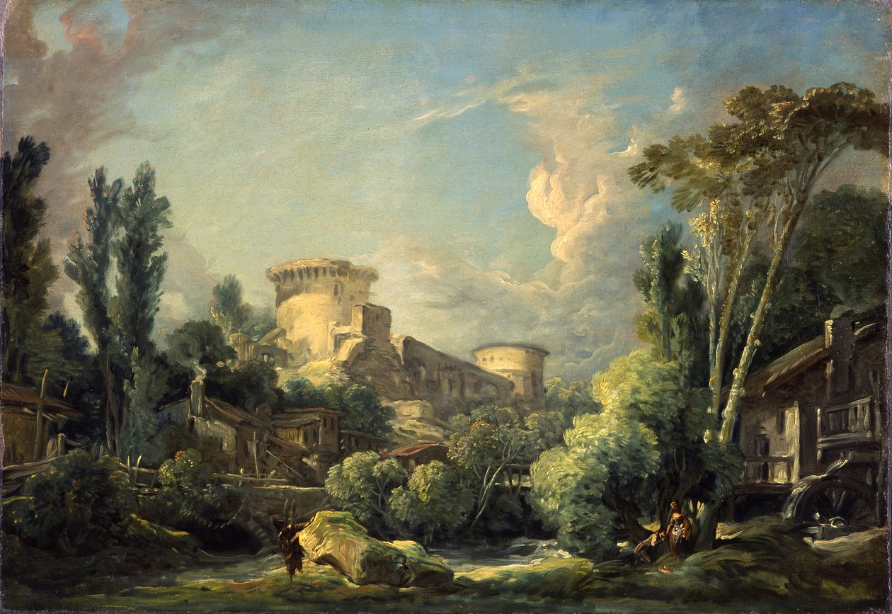 与城堡和磨房的风景，c.1765 作者 弗朗索瓦·布歇