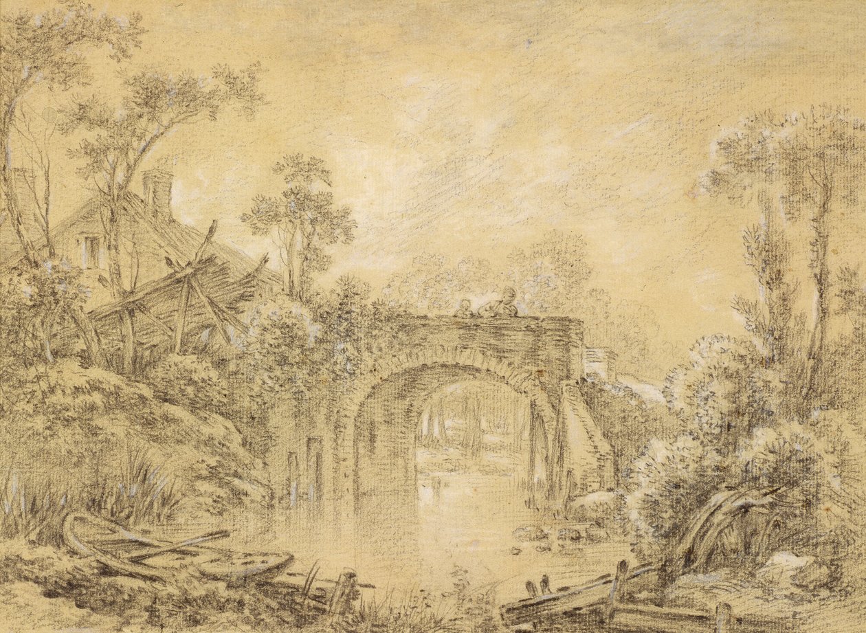 景观与仿古桥，c.1740（黑色粉笔在奶油纸上加白色） 作者 弗朗索瓦·布歇