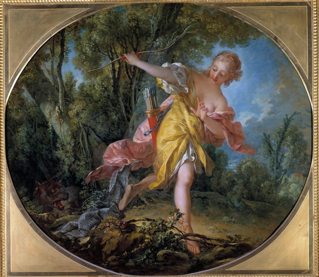 Sylvie fleeing the wolf she hunted Painting by Francois Boucher (1703-1770) 1756. Dim. 1,20 x 1,36 m Tours, Musee des Beaux Arts 作者 弗朗索瓦·布歇