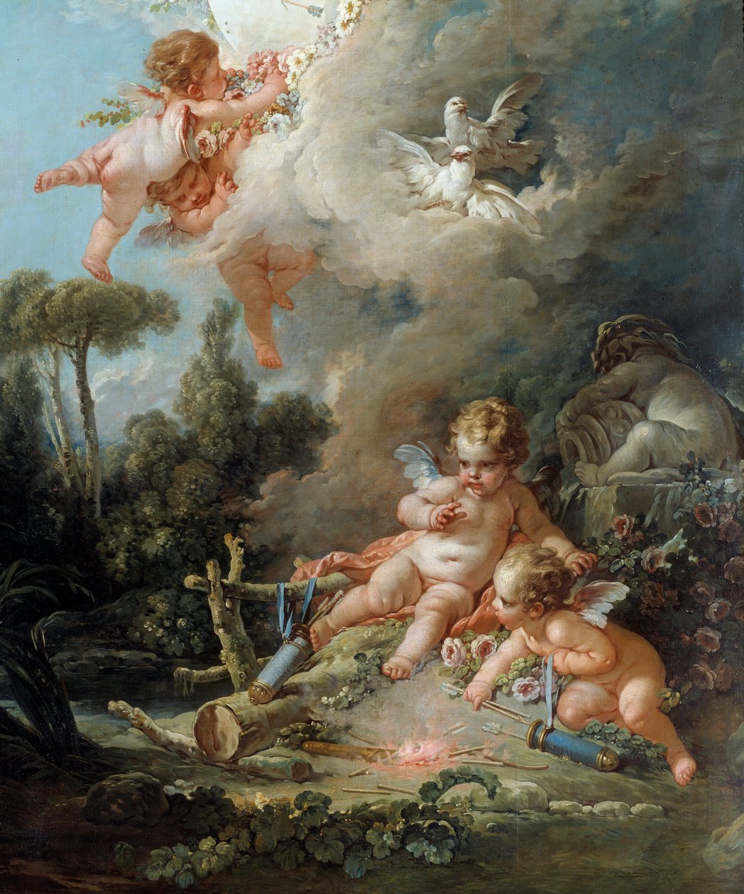 天使细节爱情目标。 弗朗索瓦·布歇 (Francois Boucher) (1703-1770) 的画作，1758 年 2,58x1,67 m 巴黎, 作者 弗朗索瓦·布歇