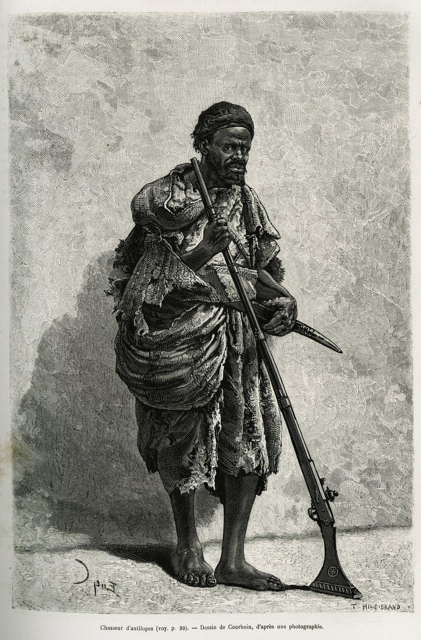 Antelope hunter. Engraving by Courboin, to illustrate the Algerian Sahara, by V.Largeau, in 1874-1878, published in the Tour du monde, under the direction of Edouard Charton (1807-1890) 作者 弗朗索瓦·库本（FrançoisCourboin）