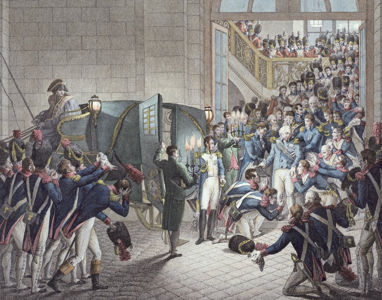 1815年3月19日，路易十八（1755-1824）法国国王和纳瓦拉从Les Tuileries出发（彩色版画） 作者 弗朗索瓦·约瑟夫·海姆