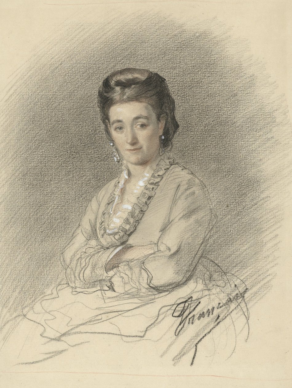坐着的女士，双手交叉 作者 François Louis Français（艺术家签名）