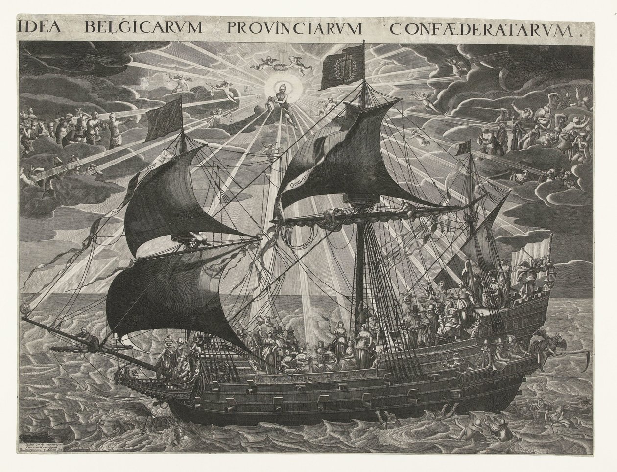 国家之船，1620 年
多德雷赫特宗教会议后国家幸福状态的寓意
Idea Belgicarum Provinciarum Confaederatarum（物品上的标题） 作者 弗朗索瓦·席勒曼斯