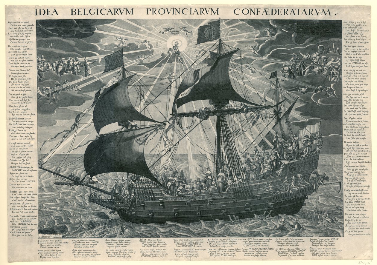 国家之船，1620 年
多德雷赫特宗教会议后国家幸福状态的寓意
Idea Belgicarum Provinciarum Confaederatarum（物品上的标题） 作者 弗朗索瓦·席勒曼斯
