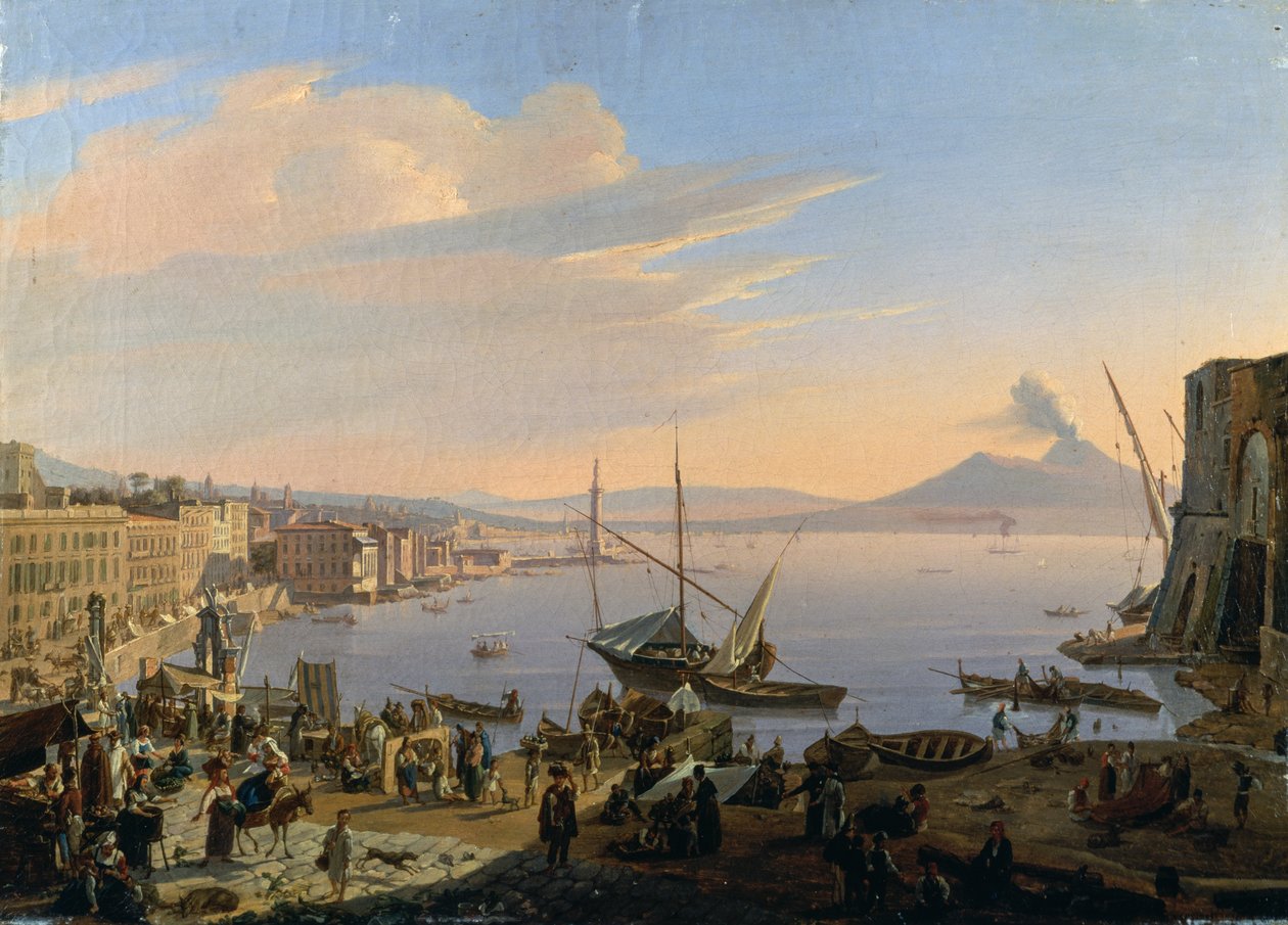 那不勒斯的景色，背景是维苏威火山，由Frans Vervloet（1795-1872）创作，布面油画，35x48厘米 作者 弗朗索瓦·韦尔弗洛特（FrançoisVervloet）