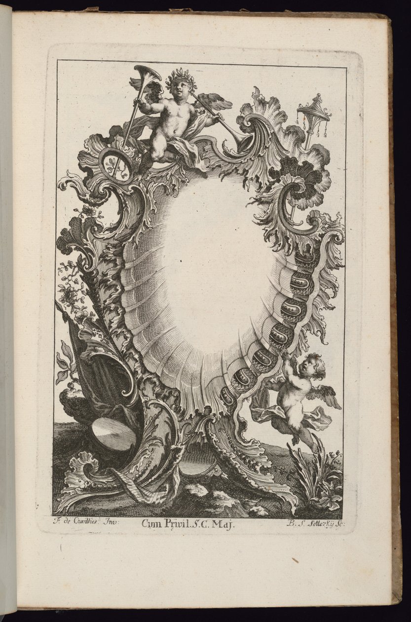 手持小号的普托卡托画，《不规则卡托画集》（Livre de Cartouches Irréguliers）。 作者 老弗朗索瓦·德·居维利埃