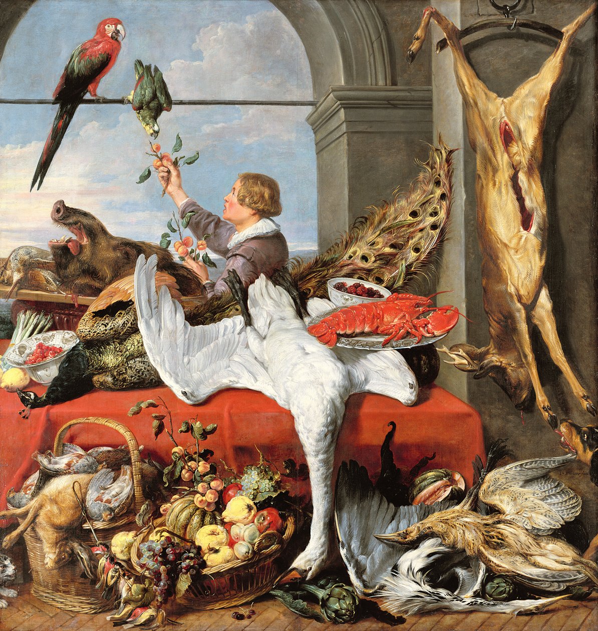 内部的办公室，或静物与游戏，家禽和水果，c.1635 作者 Frans Snyders或Snijders