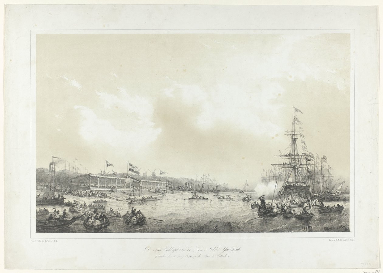 1846 年 6 月 10 日在鹿特丹马斯河上举行的荷兰皇家游艇俱乐部第一届比赛：游艇俱乐部，1846 年 6 月 10 日在鹿特丹马斯河上举行（标题见实物） 作者 弗朗斯·阿诺德·布劳豪斯·德·格鲁特