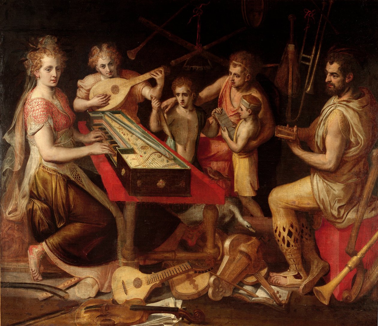 Music Characters vetus 拥有构成寓言的古老乐器环绕。 Frans Floris (1515-1570) 16 世纪 Genes 的画作，私人收藏 作者 弗朗斯·弗洛里斯（Frans Floris）