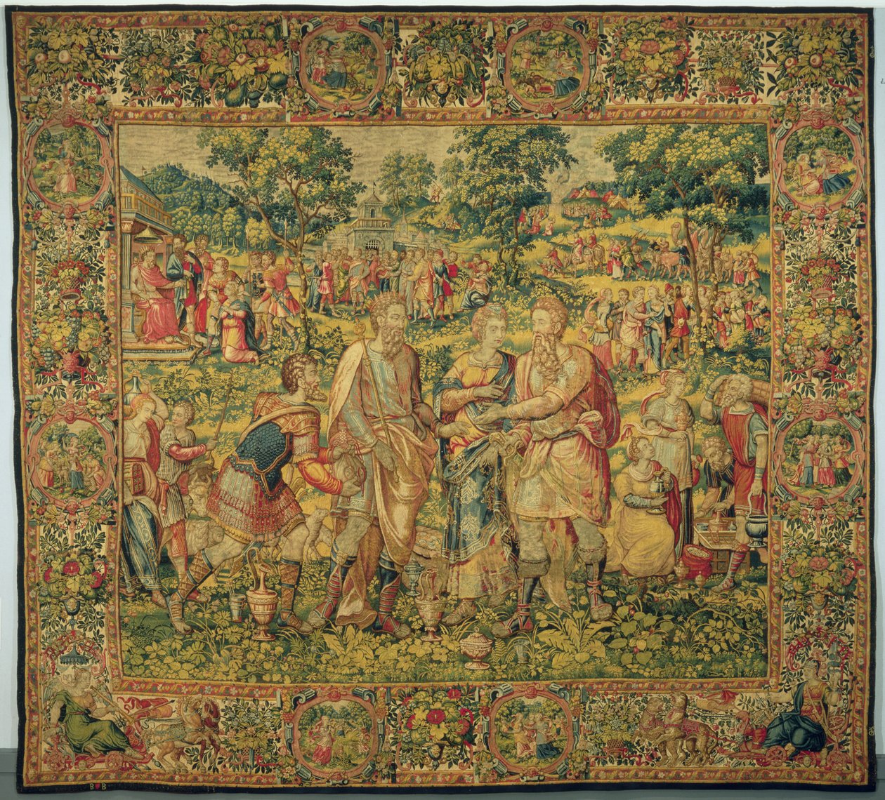 亚比米勒国王将莎拉归还给她的丈夫，亚伯拉罕，1580年（挂毯编织，羊毛和丝绸） 作者 弗朗斯·盖布尔斯