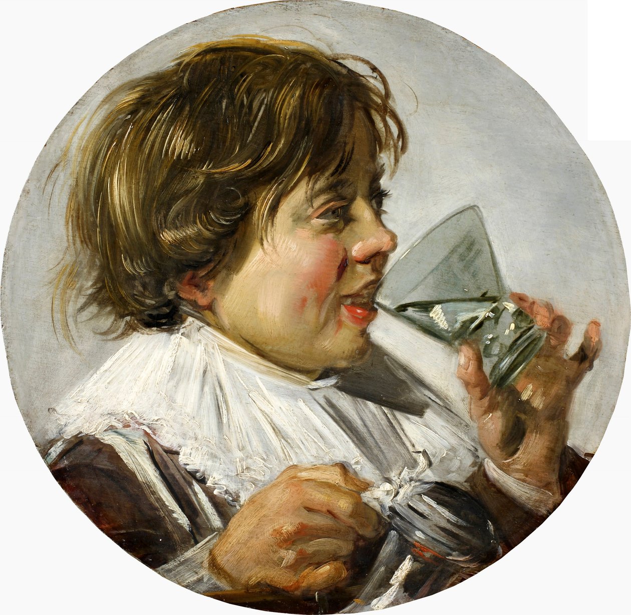 一个笑的男孩与酒杯的半身画像 作者 弗兰斯·哈尔斯（Frans Hals）
