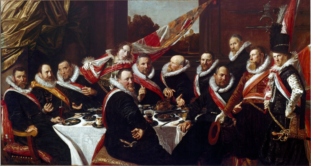 The Banquet of the Officers of the Corps of Archers of Saint George of Haarlem Painting by Franz Hals (ca. 1580-1666) 1616 Sun. 170 x120 cm Haarlem, Frans Hals Museum, Holland 作者 弗兰斯·哈尔斯（Frans Hals）