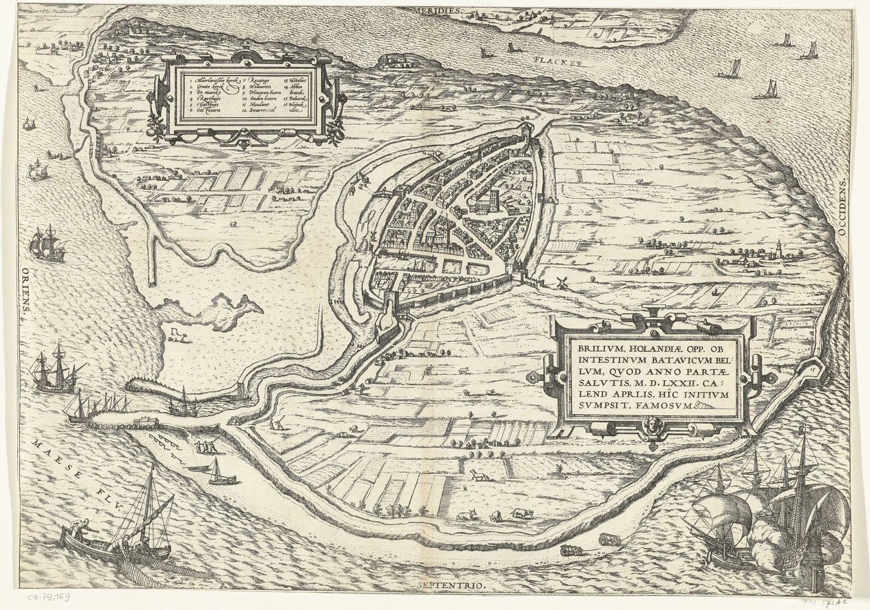 沃恩岛地图和布里尔地图，1572 年
Brilium, Holandiae opp. ob intestinum batavicum bellum, quod anno partae salutis M.D.LXXII. calend aprilis, hîc initium sumpsit, famosum（物体上的标题） 作者 弗兰斯·霍根伯格