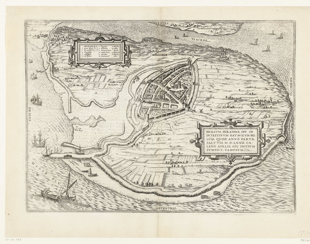 沃恩岛地图和布里尔地图，1572 年
Brilium, Holandiae opp. ob intestinum batavicum bellum, quod anno partae salutis M.D.LXXII. calend aprilis, hîc initium sumpsit, famosum（物体上的标题） 作者 弗兰斯·霍根伯格