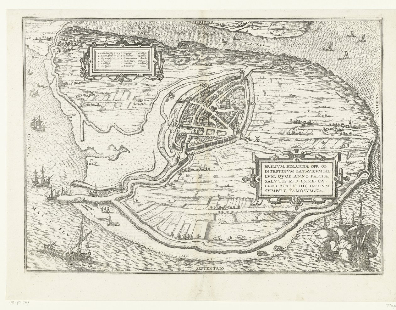 沃恩岛地图和布里尔地图，1572 年
Brilium, Holandiae opp. ob intestinum batavicum bellum, quod anno partae salutis M.D.LXXII. calend aprilis, hîc initium sumpsit, famosum（物体上的标题） 作者 弗兰斯·霍根伯格