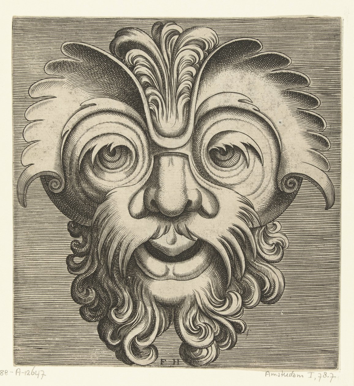 带胡须和小胡子的卷发面具，鼻根上有一撮卷发
Pourtraicture ingenieuse de plusieurs facons de masques...（系列名称） 作者 弗朗斯·休斯