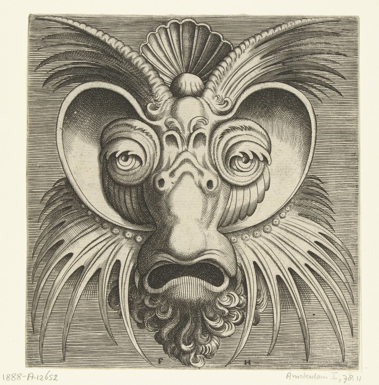 眼睛周围有碟子，脸颊和前额有尖簇的面具
Pourtraicture ingenieuse de plusieurs facons de masques...（系列名称） 作者 弗朗斯·休斯