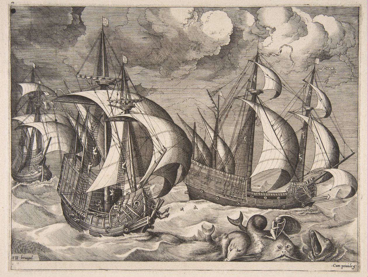 1561-65年，在一只升起的鼠中的三只长尾小车与Arion航行中的海豚。 作者 弗朗斯·休斯