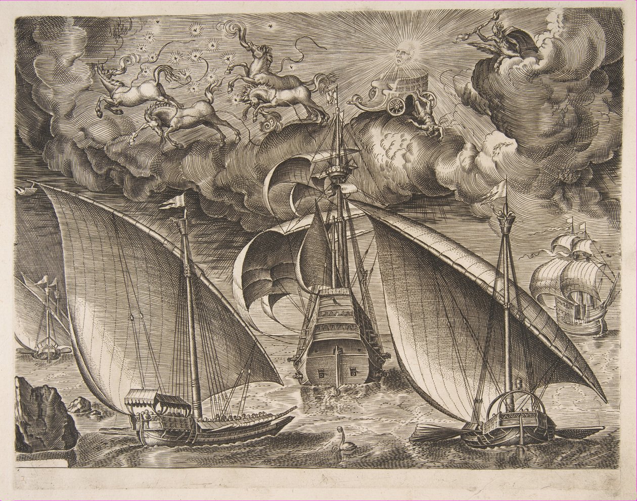 1561-65年，两架加利艇在辉腾和木星在空中武装的三船长背后航行，摄于1561-65年。 作者 弗朗斯·休斯