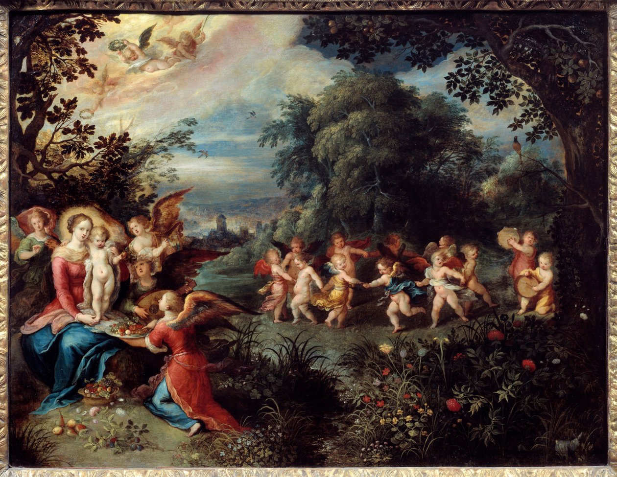Madonna has the child in a landscape surrounded by musicians and dancing angels. Painting by Frans Le Jeune Franken (1581-1642) Ec. Flam. 作者 法兰斯二世