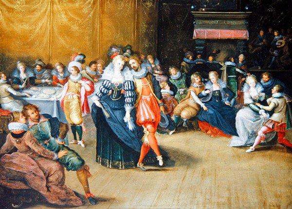 宴会场景（板面油彩和金彩）。 作者 Frans II the Younger (attr. To) Francken