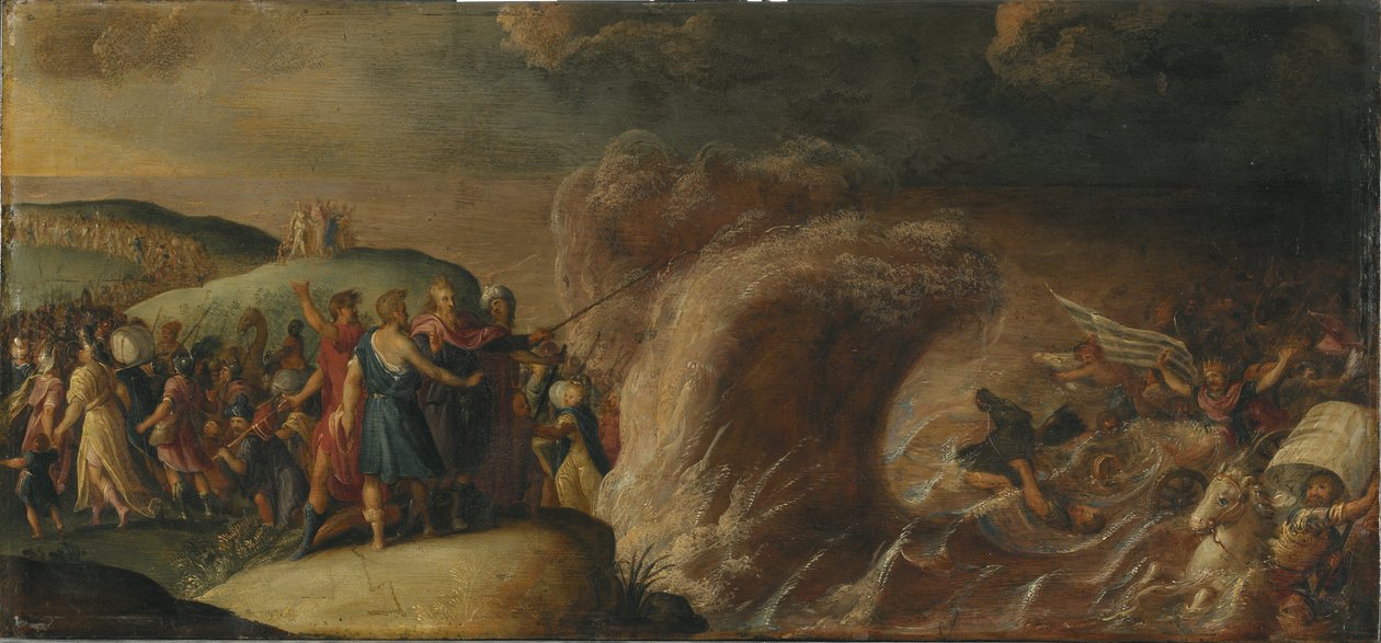Les Israelites traversent la Mer Rouge - The Israelites crossing of the Red Sea, by Francken (II), Frans, School of . Oil on copper. Dimension : 27,5x58,5 cm. Nationalmuseum Stockholm 作者 弗朗肯二世（工作室）