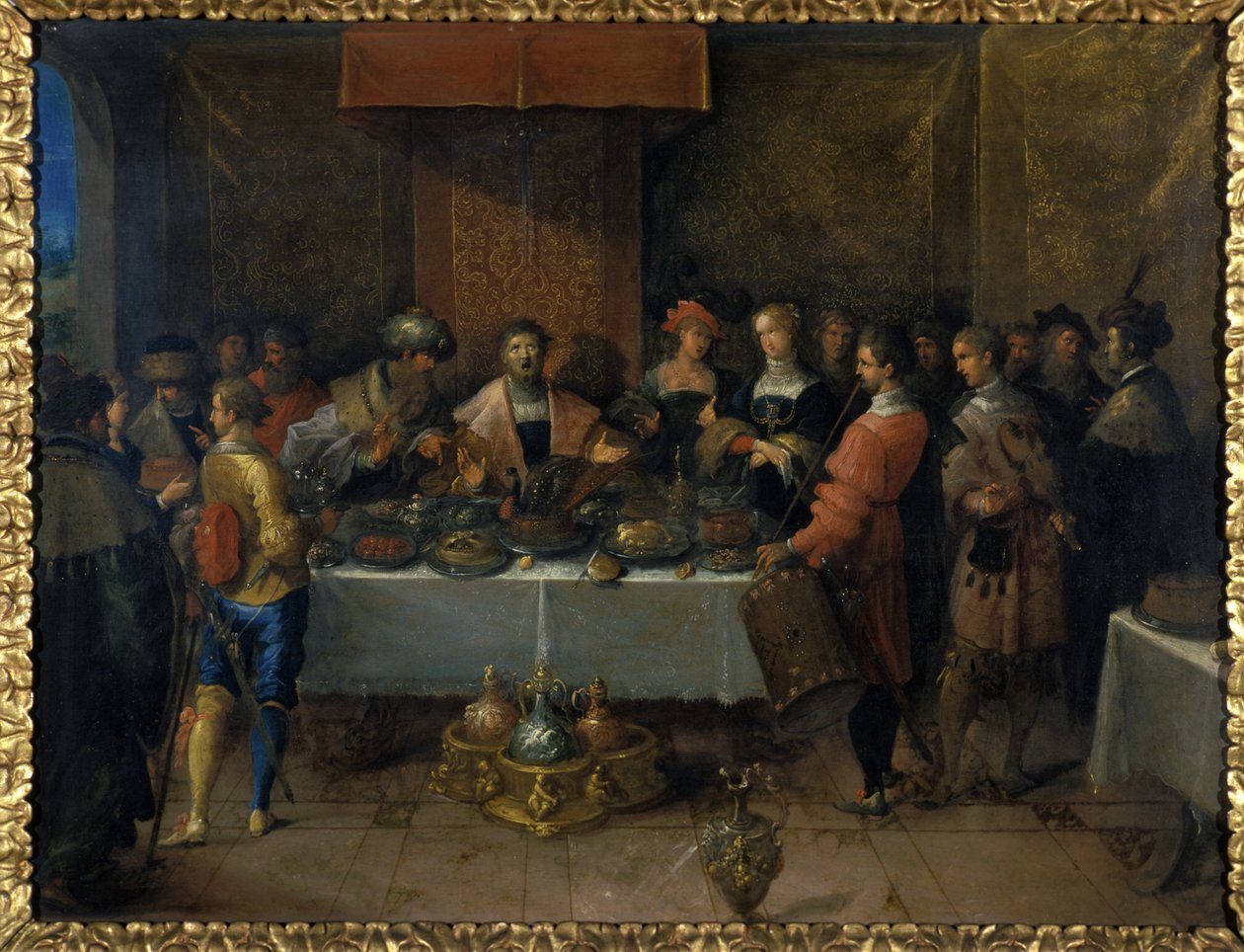 桌上的达摩克利斯，1620年之前（铜上的油） 作者 弗朗斯二世（Frans II）