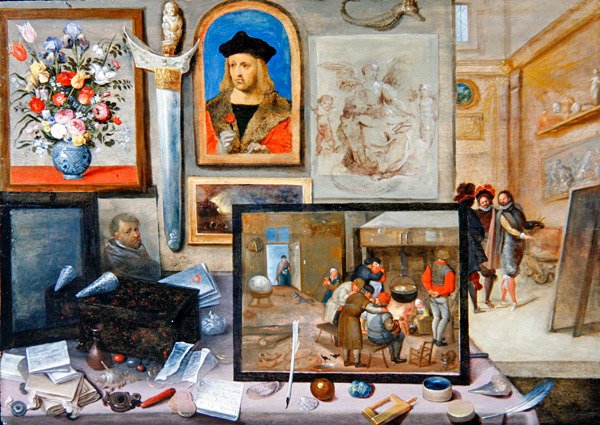 艺术家工作室的内部（油画板）。 作者 Frans II the Younger 和工作室 Francken
