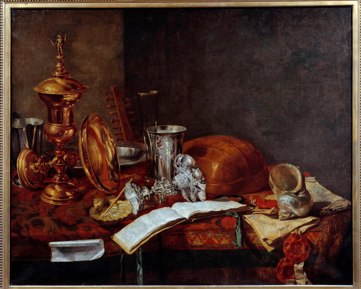 带有艺术品的静物（铜杯、银器、琵琶） Franz (Frans) Ryckhals 的绘画（1600-1647） 17 世纪敦刻尔克美术馆，美术博物馆 作者 弗朗斯·瑞卡斯（Frans Ryckhals）
