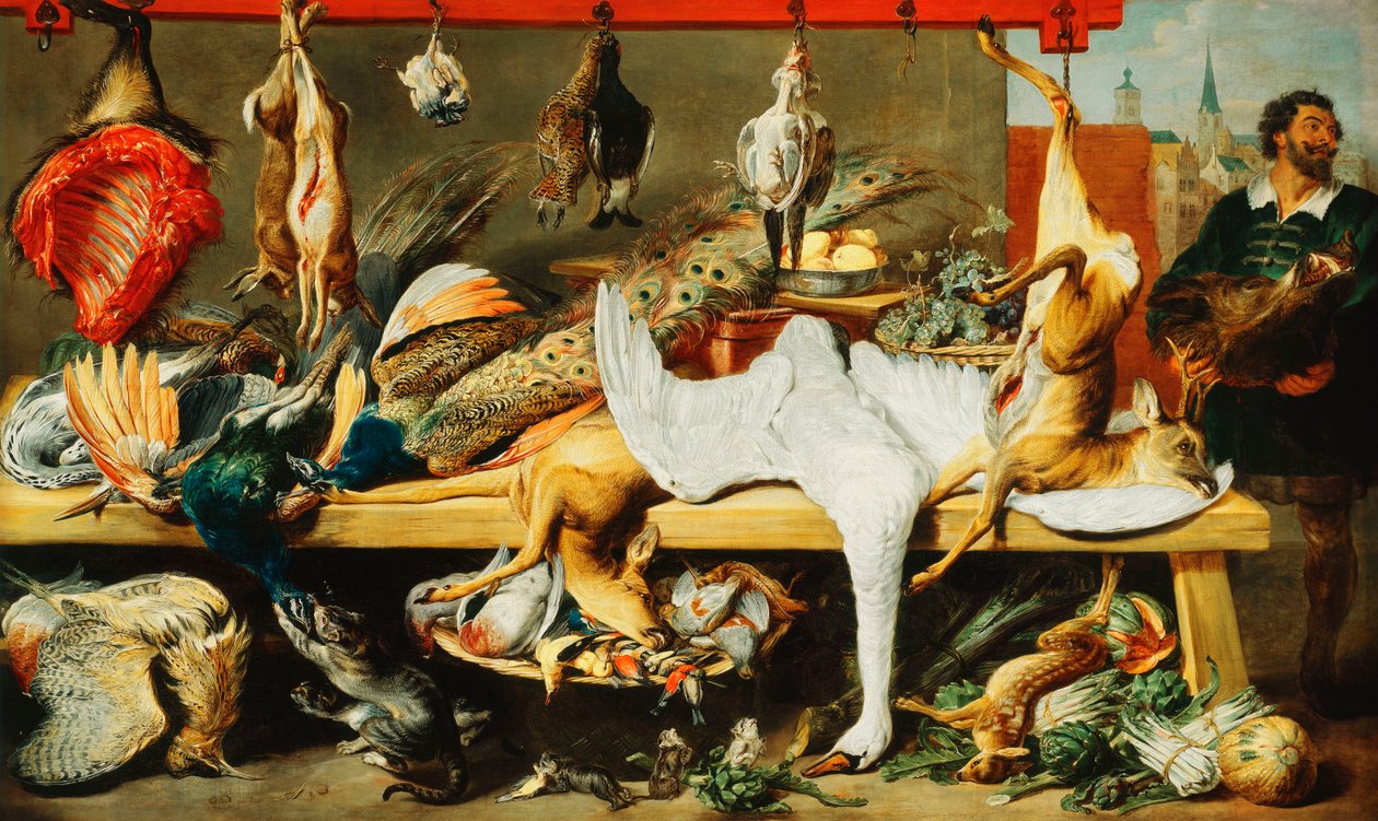 与猫和小猫玩的屠夫的摊位和抱着野猪的头的屠夫 作者 Frans Snyders或Snijders
