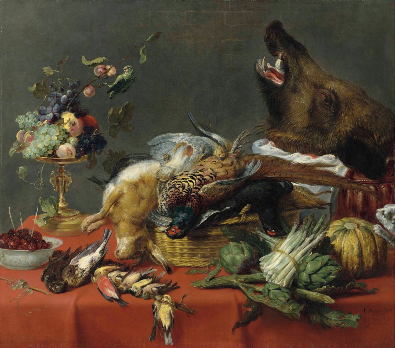 布满野味、水果、蔬菜和野猪头的餐桌 作者 弗兰斯·斯奈德斯（Frans Snyders）