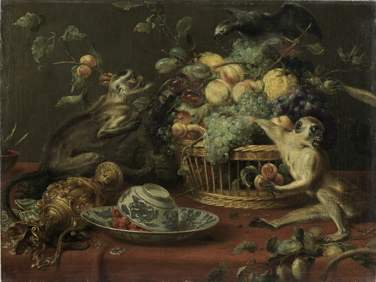 水果篮旁的猴子和鹦鹉 作者 弗兰斯·斯奈德斯（Frans Snyders）