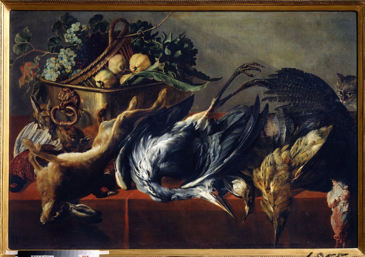 有乌木箱子的静物。弗兰斯-斯奈德斯（1579-1657 年）的作品。布面油画，98 x 160 厘米。弗拉芒画派，巴洛克艺术。国家艺术博物馆，图拉（或托兰）。 作者 弗兰斯·斯奈德斯（Frans Snyders）