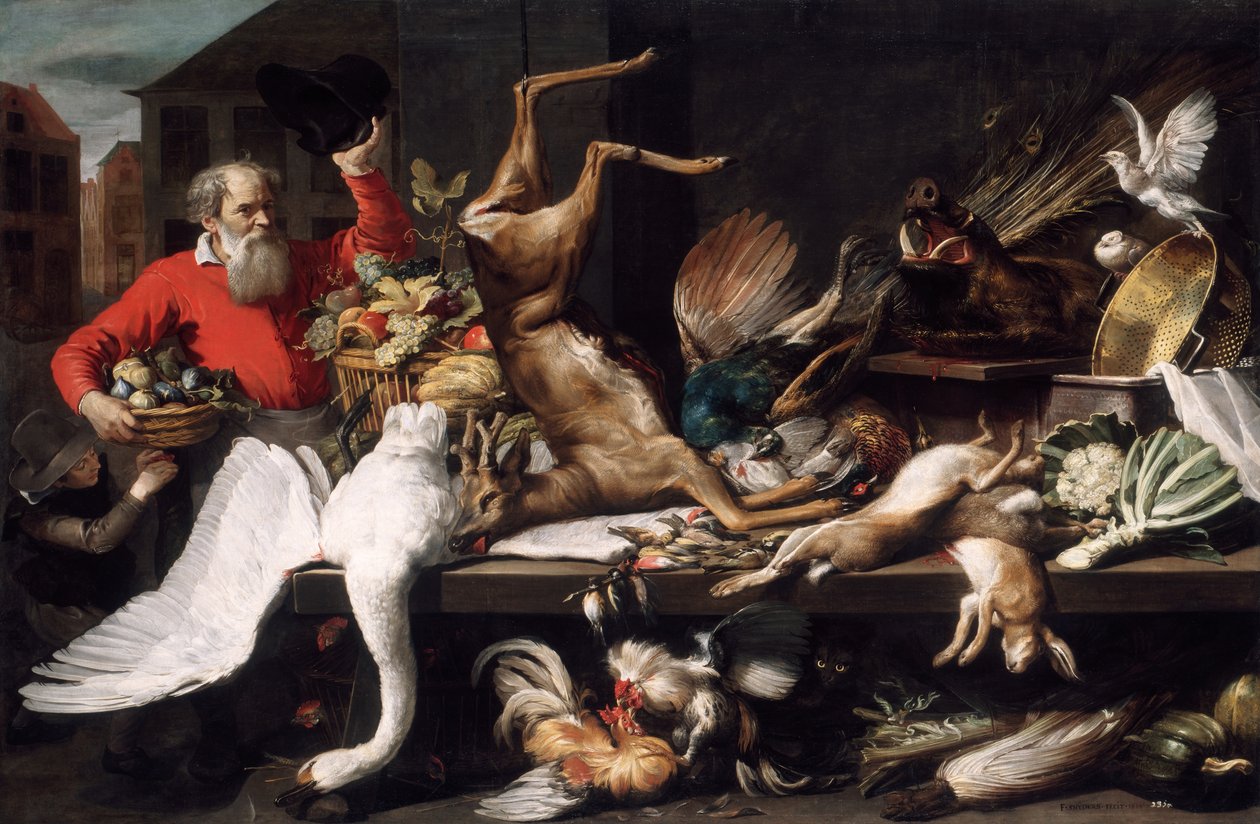 市场上有死亡游戏、水果和蔬菜的静物 作者 弗兰斯·斯奈德斯（Frans Snyders）