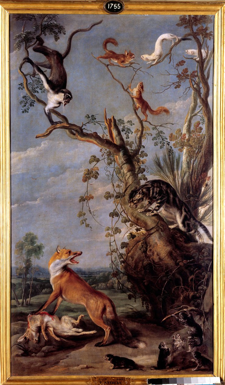 猫和狐狸 让-德-拉封丹的寓言故事插图。弗朗斯-斯奈德斯（1579-1657）的画作（ec.flam.）17世纪马德里，普拉多博物馆。 作者 弗兰斯·斯奈德斯（Frans Snyders）