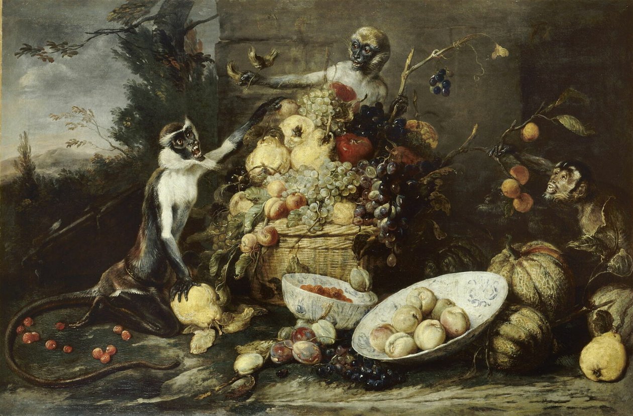 三只猴子偷水果，远眺风景 作者 弗兰斯·斯奈德斯（Frans Snyders）