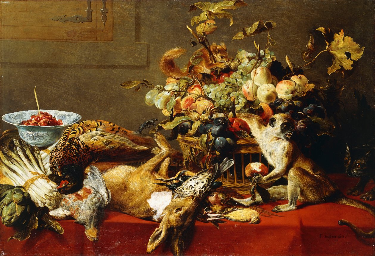 一篮子水果在垂死的桌子和一只猴子，垂悬的桌子上， 作者 Frans Snyders或Snijders