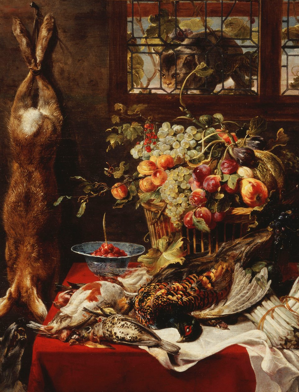 水果，游戏和靠窗的猫的静物写生 作者 Frans Snyders或Snijders