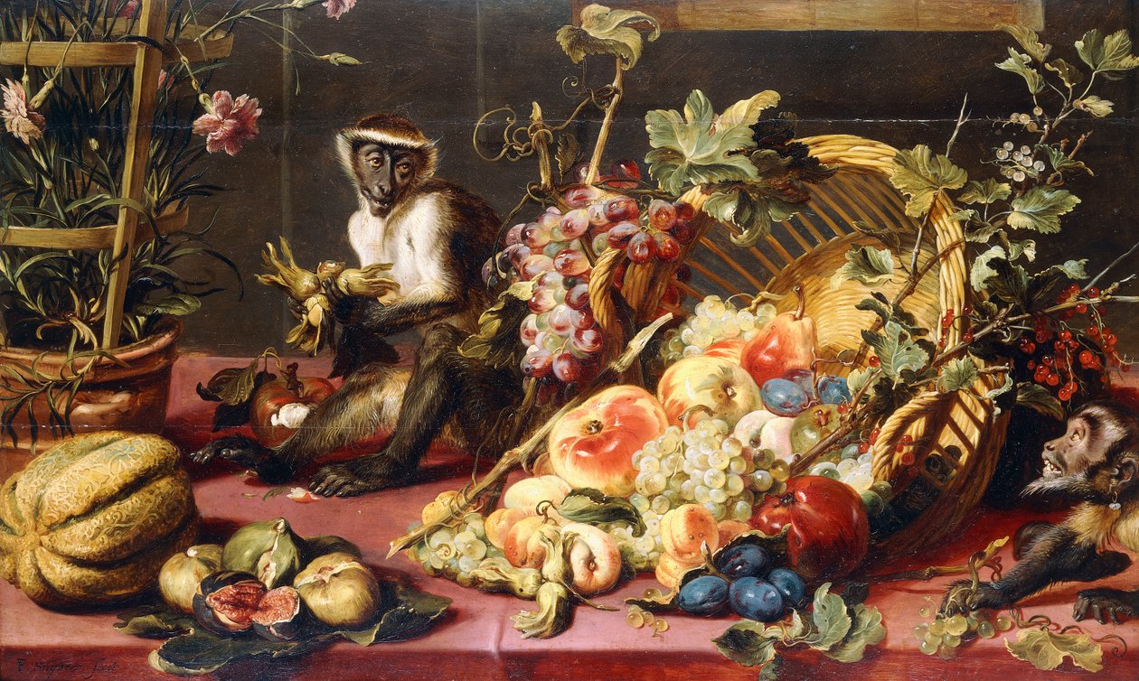 洒满水果的篮子与猴子，垂悬的桌子上， 作者 Frans Snyders或Snijders