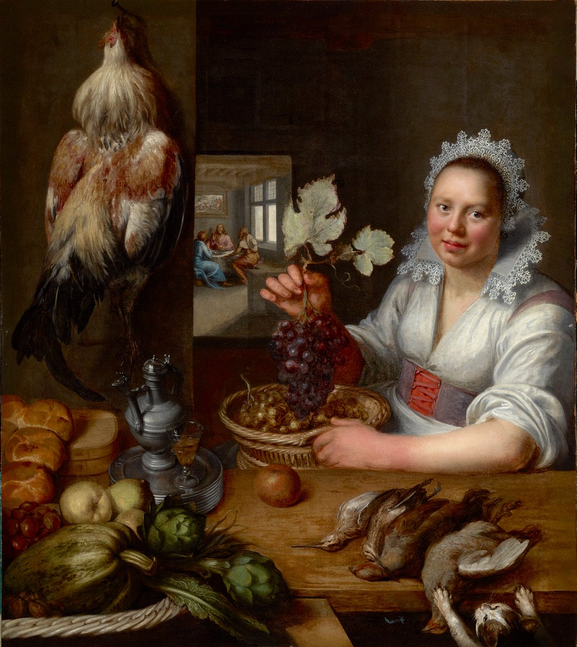 Scene de cuisine avec scene du Christ a Emmaus - 以马忤斯的基督与厨房场景，斯奈德斯（Snijders），弗兰斯（1579-1657 年）作。布面油画，1615 年至 1620 年。尺寸：114.5x102 厘米。锡比乌布鲁肯塔尔国家博物馆 作者 Frans Snyders或Snijders