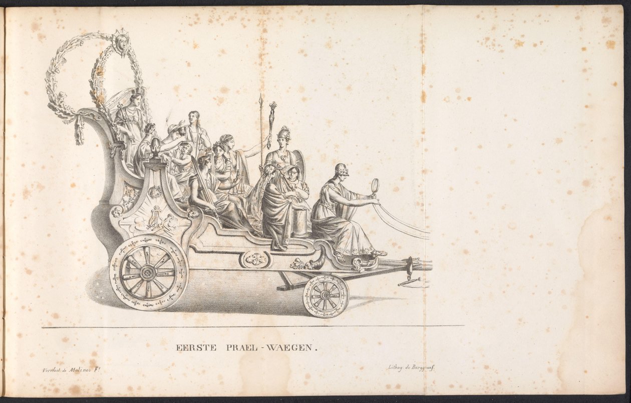 圣伦博特游行队伍中的第一辆花车，1825 年
第一辆 Prael-waegen（物品上的标题） 作者 弗兰斯·维弗洛特