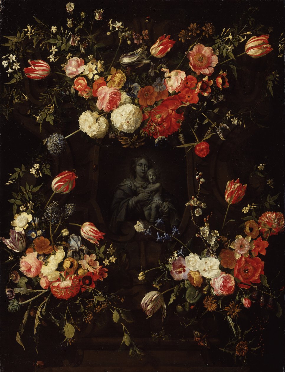 麦当娜被鲜花包围，1662年 作者 弗朗斯·伊肯斯