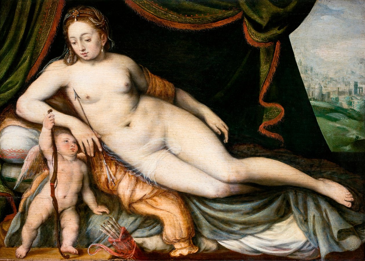 "" Venus et Cupidon ""（维纳斯和丘比特）由 Frans I de Vrient 或 Vriendt 绘制，被称为 Frans Floris the Elder (1519-1570) - 木头油彩暗淡 29.5x42 cm Hallwylska Museet，斯德哥尔摩 作者 弗朗斯·德·弗林特
