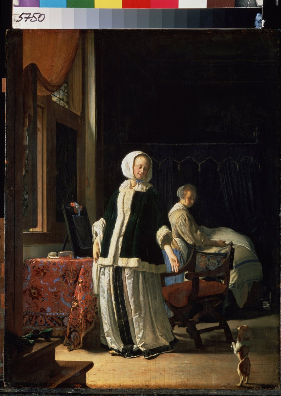 一位年轻女士的早晨一位女士和她的女仆看着一只狗在炫耀。Frans van Mieris de Oudere（又名 Frans Mieris the Old，1635-1681 年）创作于约 1660 年，木板油画。荷兰艺术，风格 作者 弗朗斯·范·米耶里斯