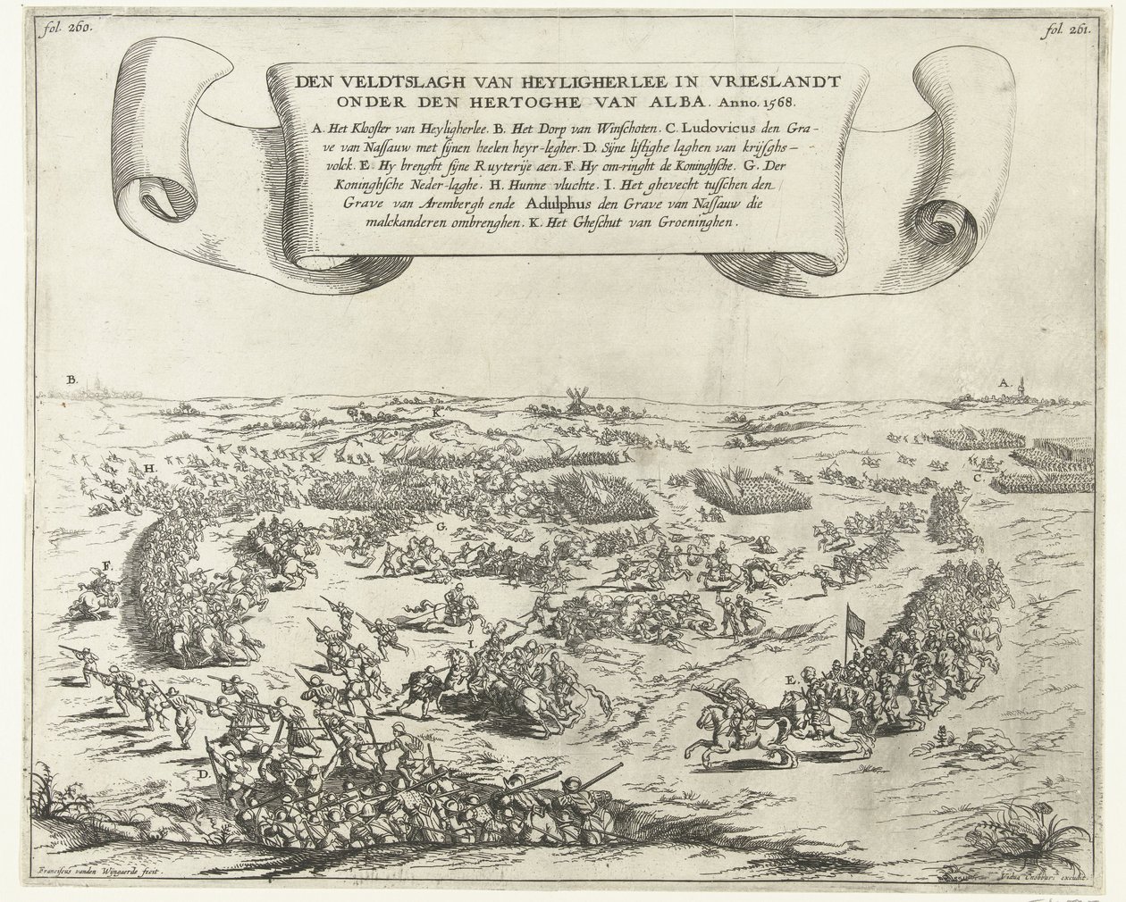 海利格利战役，1568 年
Den veldtslagh van Heyligherlee in Vrieslandt under den hertoghe van Alba.1568 年（物上标题） 作者 弗兰斯·范登·维恩加德
