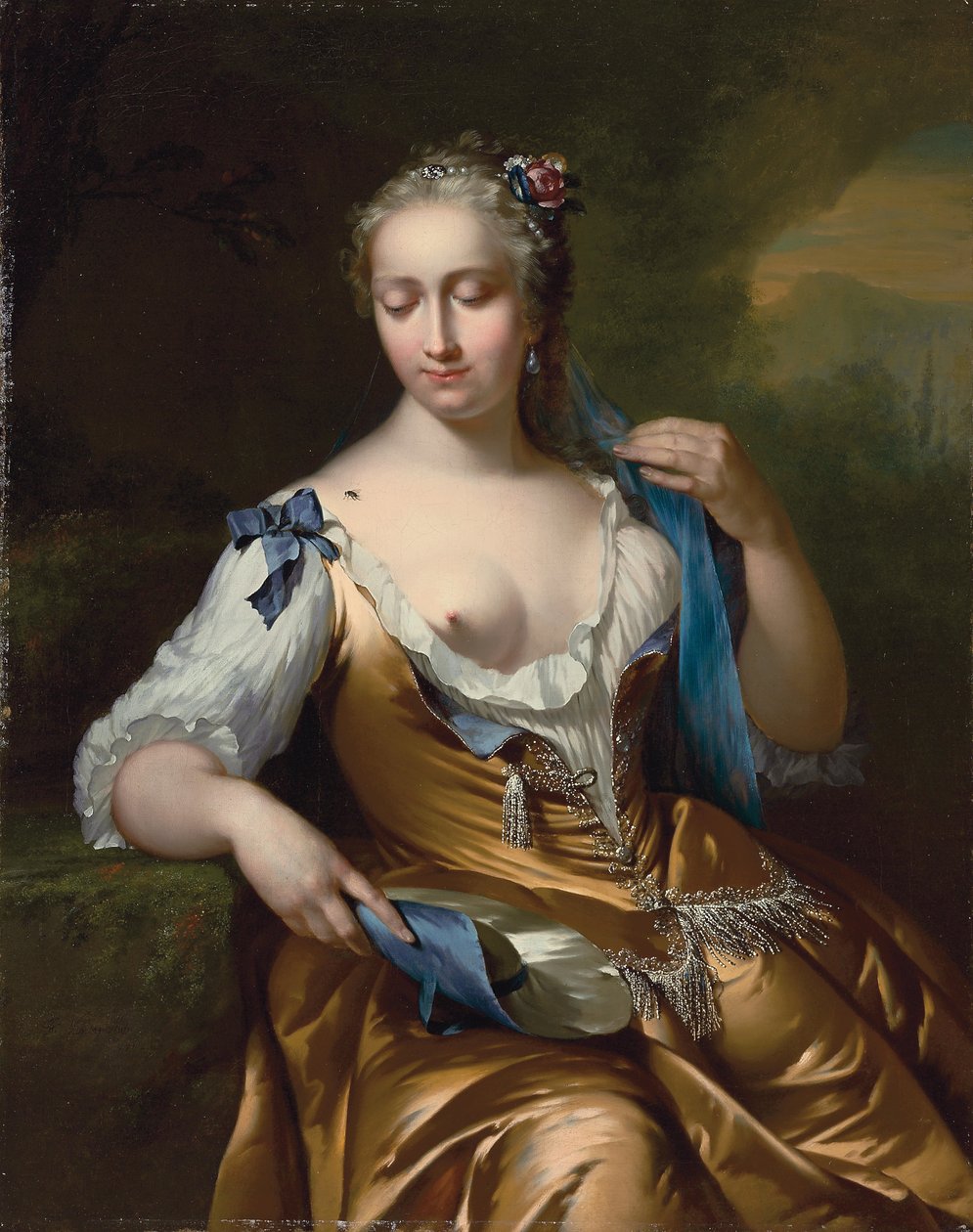 风景如画的女士，肩上苍蝇：寓言寓意，1742年 作者 弗朗斯·范德·迈恩