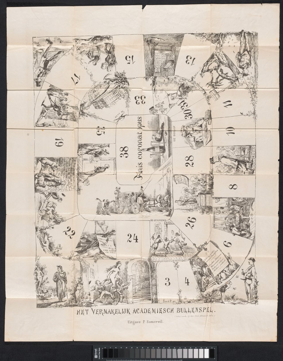 莱顿学生年鉴中的漫画，1874 年
学霸们的娱乐游戏（标题见实物） 作者 弗兰森·范德普特