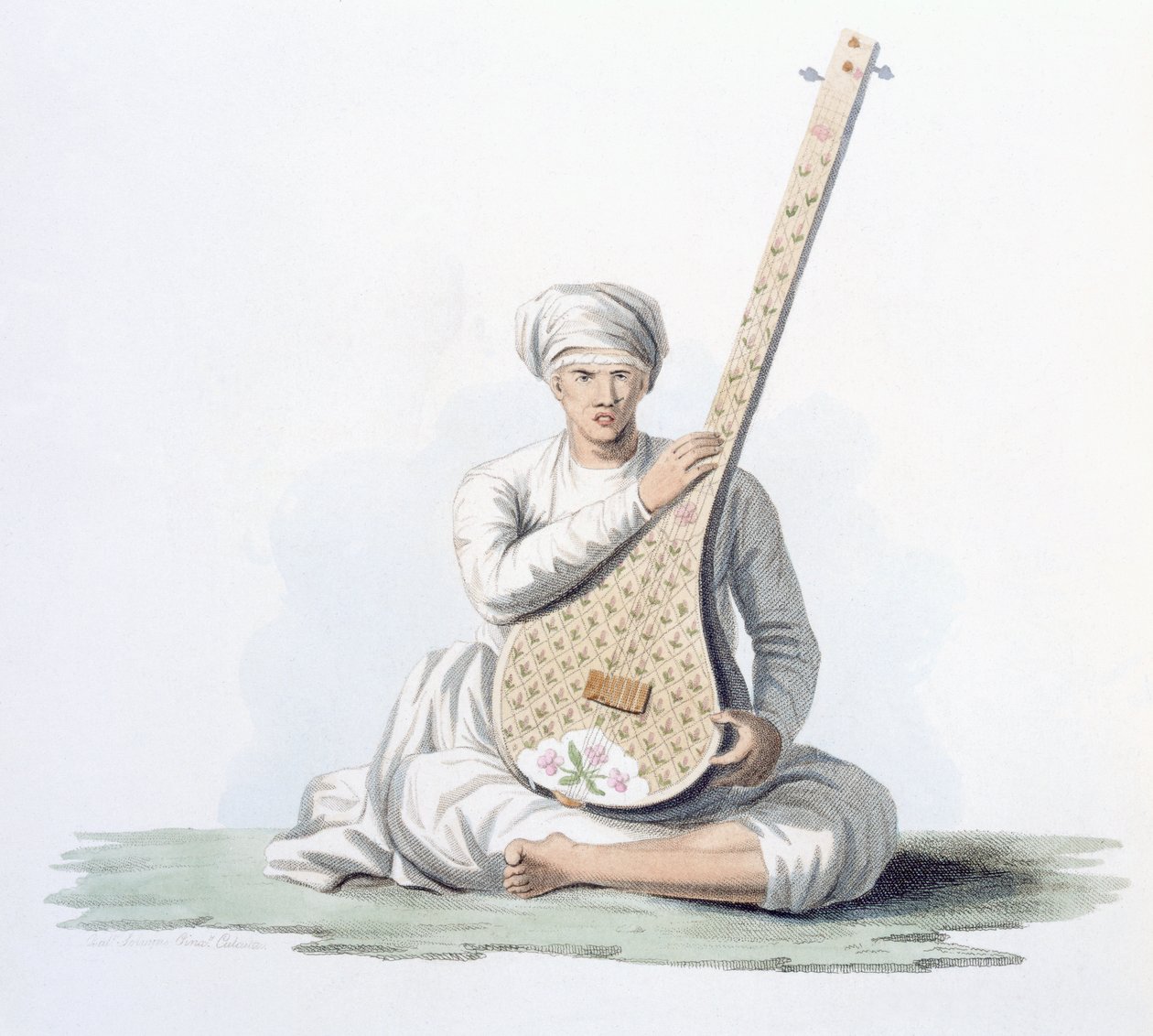 一种Tumboora，由更高种姓演奏的乐器，来自E. Orme的“印度服饰”，1804年（彩色蚀刻） 作者 弗朗兹·巴尔萨扎（Franz Balthazar）Solvyns